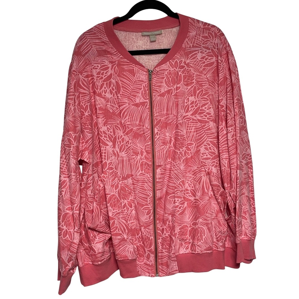 Woman Within Linen Blend Pink Floral Bomber Jacket Women's 2X